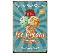 SUPERDANT Ice Cream Homemade Plaque Metal Vintage Try Our Fruit Flavored Plaque Murale Decorative Affiche Vintage Amusant Peinture Décor Dessert Store Outdoor Clôture Panneau Decoratif Exterieur Metal
