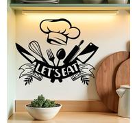 SUPERDANT Let'S Eat Stickers Muraux Couverts Sticker Mural Cuisine Sticker Mural Vinyle Art Mural Décor Let'S Eat Stickers Muraux Peler et Coller Autocollants Décoratifs