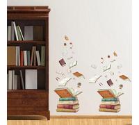SUPERDANT Lot de 2 feuilles d'autocollants muraux en vinyle avec livres volants, sac d'école, ciseaux, règle, globe, décoration murale en vinyle pour salle de lecture, salle de rèche, chambre