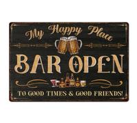 SUPERDANT Panneau de Bar en Plaque Metal Vintage Plaque Plaque Decorative Metal de Sous Sol Vintage Bar Ouvert Mon Endroit Heureux pour les Bons Moments Bons Amis Plaque Murale Decorative