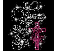SUPERDANT Patch Thermocollant Texte Biblique Je Vis Ma Vie Bénie en Strass De Verre à Haute Brillance pour Décoration De T shirt Et Veste 12.6×9.4 in 32×23.8cm