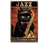 SUPERDANT Peinture en Fer Rétro Plaque Métal Jazz Chat Noir Art Murale Saxophone Pré-Perforée Décoration Murale Métallique pour Cave Café Bar Intérieur Extérieur Cadeau 20x30cm