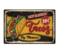 SUPERDANT Plaque en métal avec inscription « Tacos Food » - Hot and Spicy - Plaque de cuisine mexicaine rétro - Décoration murale pour la maison, le bureau, les restaurants, les cafés, les bars, les