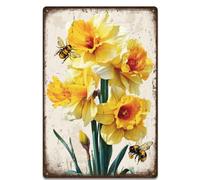 SUPERDANT Plaque Metal Vintage à Fleur de Jonquille En Plaque Metal Decorative Abeille Jaune Affiche Vintage Décoration Florale pour Jardin Salon Chambre Cuisine