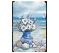 SUPERDANT Plaque Metal Vintage de Plage et de Vase Plages Bleues Coquillages Étoiles de Mer Plaque Murale Decorative Océan Art Mural Vintage Bord de Mer Décoration Rétro Deco Vintage