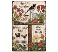 SUPERDANT Plaque Metal Vintage D'Oiseau et de Fleur pour Planter un Jardin Plaque Murale Decorative pour Arroser Votre Âme Citations Inspirantes Affiche D'Art Mural pour Chambre à Coucher Deco Vintage