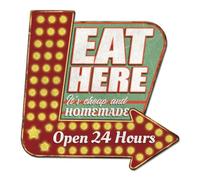 SUPERDANT Plaque Metal Vintage « Eat Here » en Métal Ouvert 24 heure pour Restaurants Décoration Plaque Murale Decorative pour Bars Cafés Pubs Clubs Deco Vintage 27x27.2cm