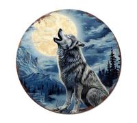 SUPERDANT Plaque Metal Vintage en Forme de Loup Panneau Rond en Forme de Pleine Lune dans la Jungle Plaque Murale Decorative pour la Maison le Salon Chambre à Coucher Deco Vintage