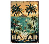 SUPERDANT Plaque Metal Vintage Hawaii Plaque Étain Décor Plaque Metal Vintage Évasion vers le Paradis Décor Bar Plage BBQ Garage Antre Masculin Porche Plaque Fer Bord Enroulé Pré percé 30x20cm