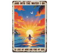 SUPERDANT Plaque Metal Vintage Natation Coucher et Lever de Soleil sur la Mer Décor Murale Rétro Métal Art Je Vais Perdre Mon et Trouver Mon Âme pour Plage Cottage Maison Salle de Bain Cadeau 30x20cm
