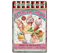 SUPERDANT Plaque Metal Vintage pour Magasin de Crème Glacée Sweet&Delicious Plaque Murale Decorative Art Mural Affiche Plaque en Métal Décoration D'Été Restaurant Snack Bar Vintage Decoration