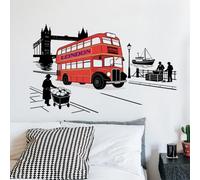 SUPERDANT Stickers Muraux Adhésif Décoration Autocollant Mural Colorée de Londres Stickers Murals PVC Amovible avec Bus de Londres Big Ben Thames Paysage Urbain pour Bureau Maison 89.6x54.3cm