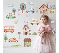 SUPERDANT Stickers Muraux pour Chambre D'Enfant Animaux de Dessin Animé Voitures Transport Véhicules Maisons Aquarelle Vinyle Décor Garçons Safari Animaux Arbres