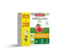SUPERDIET- ACÉROLA 500 BIO - Haute concentration en Vitamine C- Réduction de la fatigue - 24 comprimés à croquer+1 TUBE OFFERT