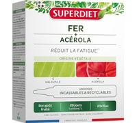 SUPERDIET - FER ACÉROLA ORIGINE VÉGÉTALE - Goût fruité - Réduit la fatigue - Fabrication française - 20 unidoses format nomade