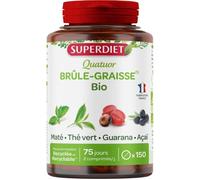 SUPERDIET - QUATUOR BRÛLE-GRAISSE BIO- Maté, Guarana, Thé vert, Acaï - Fabrication Française - 150 comprimés