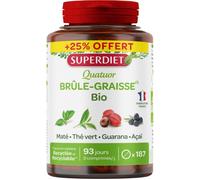 SUPERDIET - QUATUOR BRÛLE-GRAISSE BIO- Maté, Guarana, Thé vert, Acaï - Fabrication Française -FORMAT PROMO- 187 Comprimés