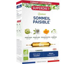 SUPERDIET- QUATUOR SOMMEIL PAISIBLE BIO - Passiflore, Eschscholtzia, Aubépine, Angélique - Fabrication Française - 20 ampoules de 10 ml