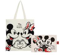Superdiver Ensemble Sac Shopping et Trousse Mickey et Minnie - Licence Officielle Disney - Coton et Polyester - Idéal pour un Usage Quotidien ou comme Cadeau - Sac 37x41 cm et Trousse 22,5x16 cm