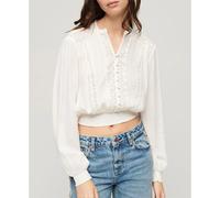 Superdry Lace Trim Smocked Long Sleeve Blouse Beige M Femme