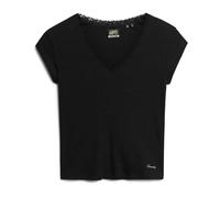 T-shirt en col V avec bordure en dentelle femme Superdry Essential Noir S/M