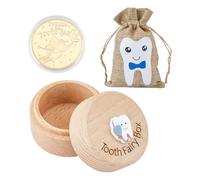 SUPERFINDINGS 1 Ensemble Boîte de Fée des Dents en Bois avec Pièce de Récompense de Fée et Pochettes en Lin Bleu Collections de Souvenirs de Dent Tombée Boîte de Stockage pour Premières Dents Perdues