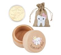 SUPERFINDINGS 1 Ensemble Boîte de Fée des Dents en Bois avec Pièce de Récompense de Fée et Pochettes en Lin Rose Boîte de Collections Souvenir pour Premières Dents Perdues Cadeaux de Fée des Dents