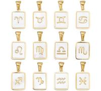 SUPERFINDINGS 12 Pièces Charmes Coquille Naturelle Pendentifs Rectangulaires Constellation Blanc 12 Signes Zodiac Charms Suspendus avec Cadre Acier Inoxydable Doré pour Création DIY Bijoux Collier