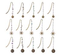 SUPERFINDINGS 15Pcs 3 Styles Vintage Alloy Signet Marque Page Pendentif Soleil Marque Page Bronze Antique Retro Crochet Perles Pierre Naturelle Chaine Marque Pages pour Amoureux Livres