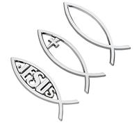 SUPERFINDINGS 3 pcs Argent Autocollants Jésus Christ Poisson et Croix Auto-Adhésif en Métal Optique Autocollant Insigne Emblème pour Fenêtre Voiture Portables Réfrigérateur, 140x46mm