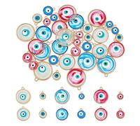 SUPERFINDINGS 48Pcs 12 Styles Alliage Evil Eye Charms Lucky Eye Email Charms Plat Rond Résine Epoxy Evil Eye Connecteurs Perles pour la Fabrication de Bijoux Trou: 1~1.8mm