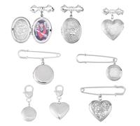 SUPERFINDINGS 7Pcs Ensemble de Charmes Photo pour Bouquet de Mariage Médaillon Cœur 35x29mm en Acier Inoxydable avec Cabochon Verre Double Fermoir Broche Commémorative pour Équipe de Mariée