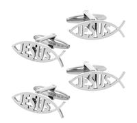 SUPERFINDINGS Lot de 4 boutons de Manchette en Acier Inoxydable Motif Poisson en Platine Motif Dessin Animé Initiales Noires Bijoux Chrétiens pour Manteau Chemise Costume Cadeau pour Père
