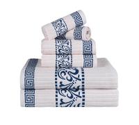 Superior Lot de 6 serviettes décoratives à motif grec en coton absorbant de qualité supérieure - Décoration pour salle de bain et spa - Comprend 2 mains, 2 visages et 2 serviettes de bain - Collection