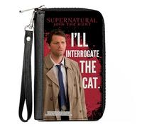 Supernatural Portefeuille zippé en cuir vegan Motif Castiel I'LL Interroger le chat Noir/rouge/blanc, 7.5"x4.5", Décontracté