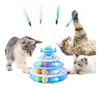 SUPERPAWS Jouet interactif 2 en 1 pour chat - Plateau tournant à 3 niveaux - Distributeur de nourriture lente - Baguette pour chat (Bleu-C)