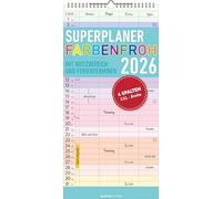 Superplaner Farbenfroh 2026 mit 4 Spalten - Familien-Timer 22x45 cm - Offset-Papier - mit Ferienterminen - Wand-Planer - Familienkalender - Alpha Edition