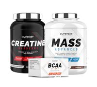 Superset Nutrition | Programme Prise De Masse Confirmé - Mass Advanced 2,5kg Chocolat - Créatine Hardcore 1,5kg Ice Tea Pêche - Bcaa Xtreme