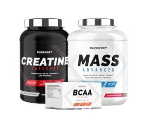 Superset Nutrition | Programme Prise De Masse Confirmé - Mass Advanced 2,5kg Fraise Yogourt - Créatine Hardcore 1,5kg Ice Tea Pêche - Bcaa Xtreme