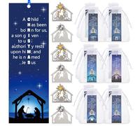 Supervitae Lot de 24 marque-pages chrétiens pour crèche de Noël en vrac, comprend 12 marque-pages de naissance de Jésus, 12 épingles argentées bicolores pour crèche de Noël pour adultes