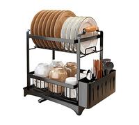 Supfine Égouttoirs à Vaisselle avec Plaque de Drainage et Buse, Égouttoir à Vaisselle 2 Niveaux, Egoutoire Vaisselle en Acier au Carbone avec 2 Poignées, Porte-ustensiles en Plastique (1, Noir)