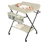 Supfine Table à Langer Pliable, Plan à Langer avec Panier Latéral et Tringle de Suspension, Réglable en Hauteur, avec roulettes Verrouillables et Ceinture de Sécurité (Beige Jaune, 3 en 1)