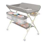 Supfine Table à Langer Pliable, Plan à Langer avec Panier Latéral et Tringle de Suspension, Réglable en Hauteur, avec roulettes Verrouillables (Gris, 4 en 1)