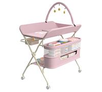 Supfine Table à Langer Pliable, Plan à Langer avec Panier Latéral et Tringle de Suspension, Réglable en Hauteur, avec roulettes Verrouillables et 3 Jouets Étoiles (Rose, 5 en 1)