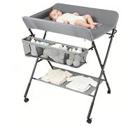 Supfine Table à Langer Pliable, Plan à Langer avec Panier Latéral et Tringle de Suspension, Réglable en Hauteur, avec roulettes Verrouillables et Ceinture de Sécurité (Gris, 3 en 1)