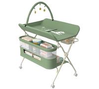 Supfine Table à Langer Pliable, Table a Langer avec Panier Latéral et Roulettes Verrouillables, Réglable en Hauteur, Meuble pour Bébés avec Tringle de Suspension et 3 Jouets Étoiles ((Vert/5 en 1))