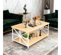 Supfine Table Basse, Moderne de Salon avec 2 Niveaux Rangement, X-Frame Métallique Pieds et Tray Design, Rectangulaire, 100x52x47 cm (Chêne Clair, Blanc)