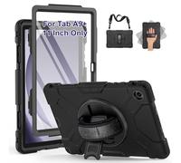 SUPFIVES Coque pour Samsung Galaxy Tab A9 Plus 11" 2023, en Silicone Liquide résistant aux Chocs avec Support Rotatif à 360°, dragonne, Porte-Stylo S et bandoulière, Noir