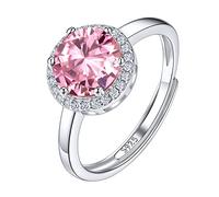 Suplight Bague Anneau Réglable Femme Fille Pierre de Naissance Argent 925 Zircon Rond de 8mm avec Un Cercle de Petit Blanc Zircon Cristal Rose Octobre