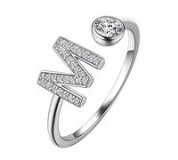 Suplight Bagues Initials Femmes Filles en Argent 925 Anneau Allaince Réglabe Bijoux avec Zircon Bague Ouverte Prénom Alphabet A-Z Lettre M